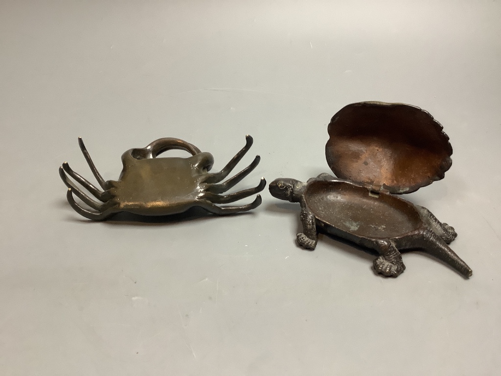 A Japanese bronze turtle and a crab, width 12cm